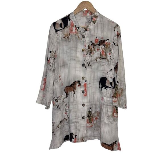 Soft Surroundings Song Dynasty Button Front Tunic Cardigan Asian Horses Sz Large - Picture 2 of 8